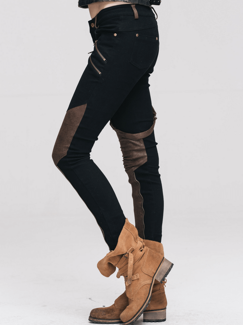 Trendy women's steampunk pants with leather accents, showcasing a sleek, stylish fit perfect for motorcycle enthusiasts.