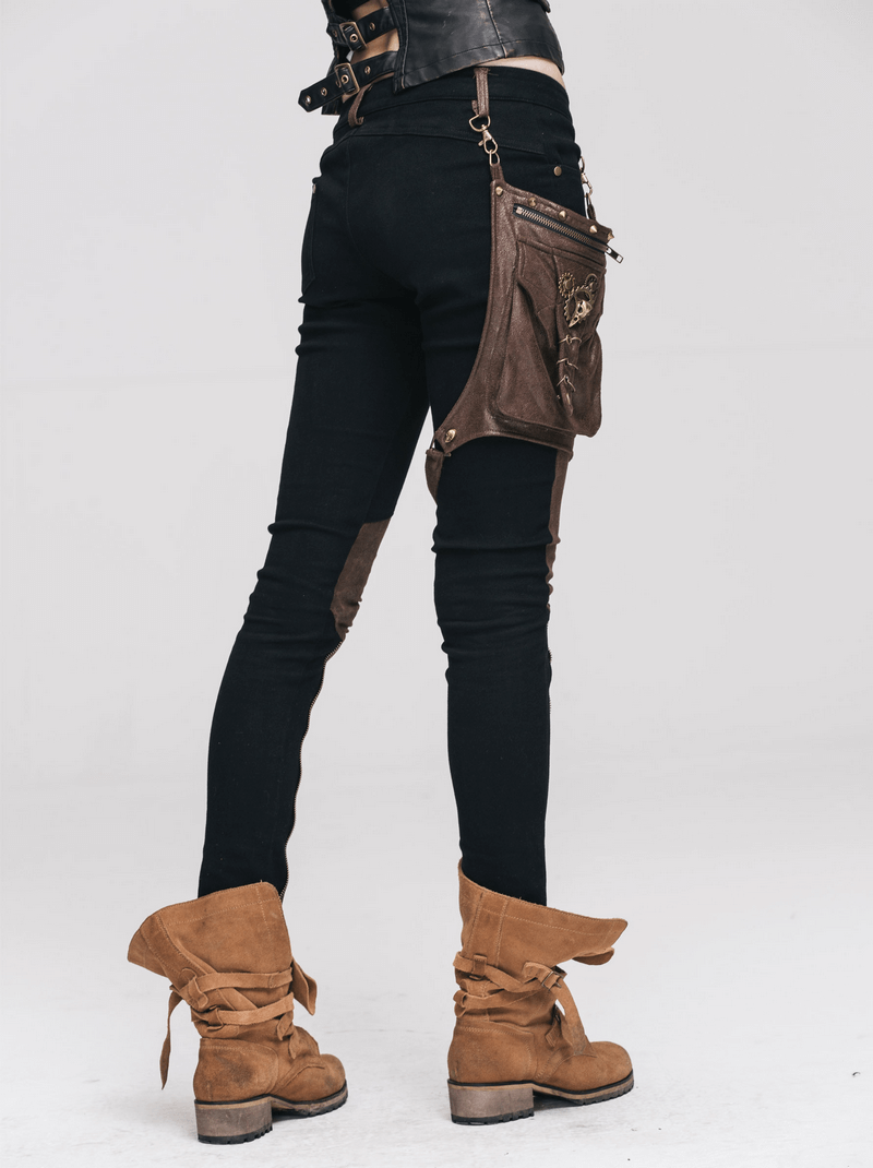 Women's steampunk pants with leather pocket, showcasing a stylish back view and trendy design.