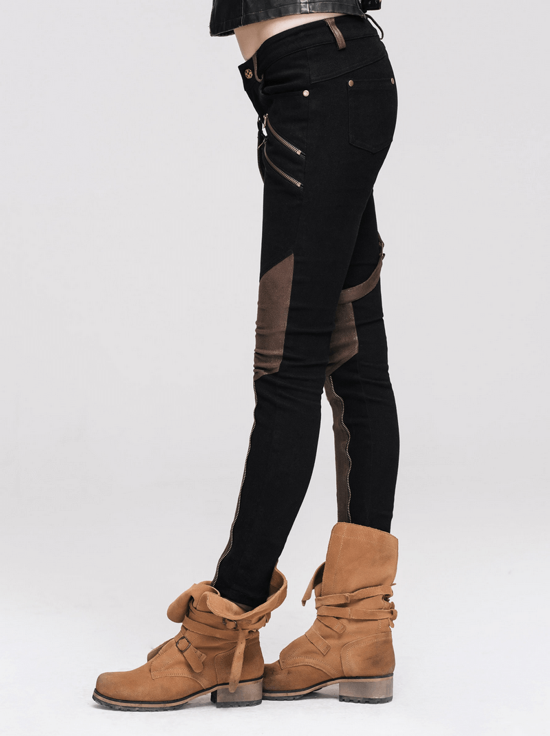 Stylish women’s steampunk black pants with leather pockets and a slim fit, paired with trendy boots.