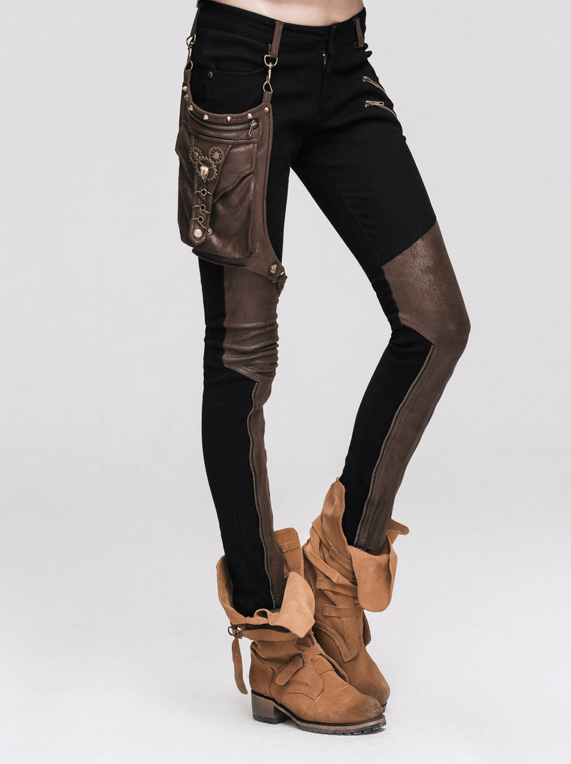 Steampunk Pants With Leather Pocket for Women / Motorcycle Stretchy Pencil Trousers - HARD'N'HEAVY