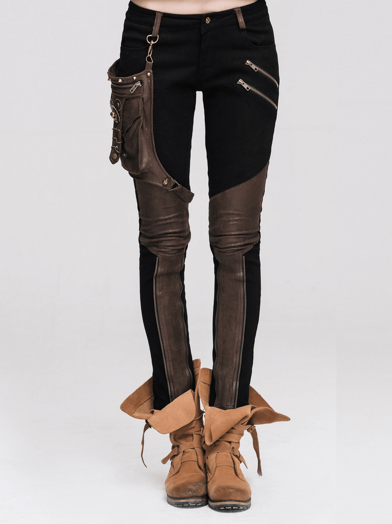 Women’s steampunk pants with leather pocket, stylish black and brown design, perfect for trendy motorcycle fashion.