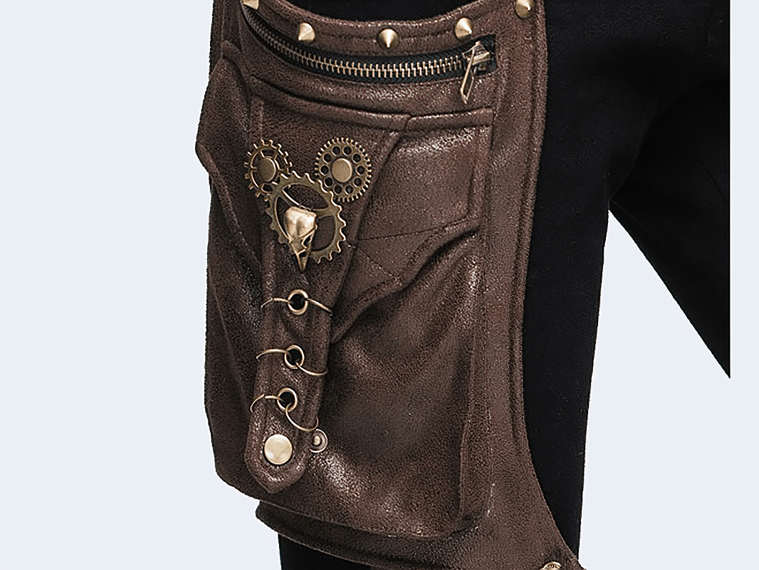 Close-up of steampunk pants with a detailed leather pocket featuring gears and studs for a trendy look.