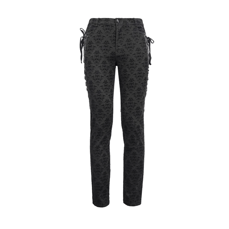 Gothic black slim pants with unique vintage print and lace-up sides, perfect for a stylish casual look.