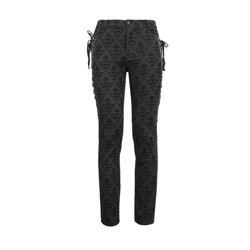 Steampunk Pattern Slim Pants / Gothic Black Pants with Lace up Sides / Casual Straight Trousers - HARD'N'HEAVY