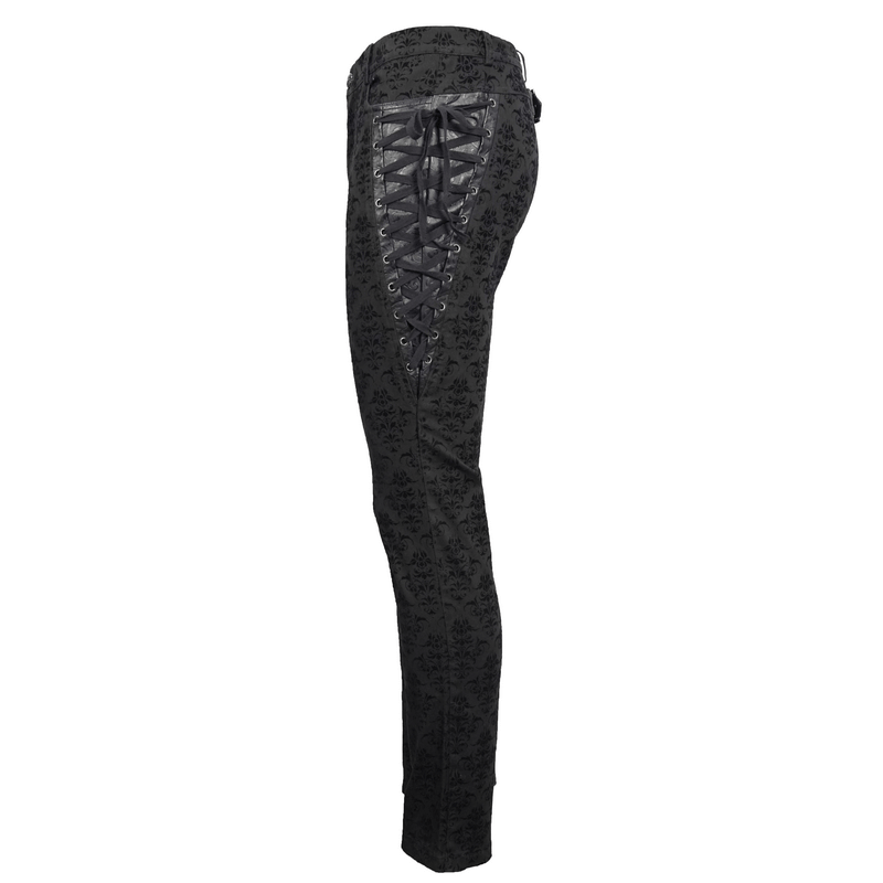 Gothic black slim pants featuring a vintage print and lace-up sides, perfect for a stylish casual look.