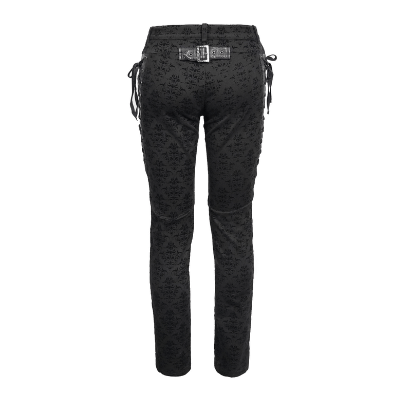 Back view of men's gothic black slim pants with lace-up sides and vintage print, perfect for an elegant steampunk look.