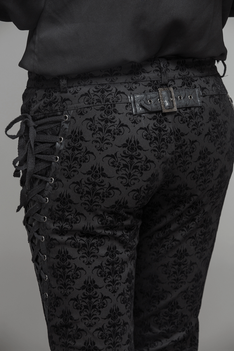 Steampunk Pattern Slim Pants / Gothic Black Pants with Lace up Sides / Casual Straight Trousers - HARD'N'HEAVY