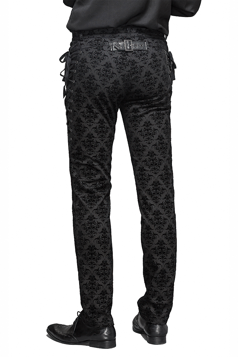 Back view of men's steampunk slim pants in black with lace-up sides, featuring an elegant vintage pattern.