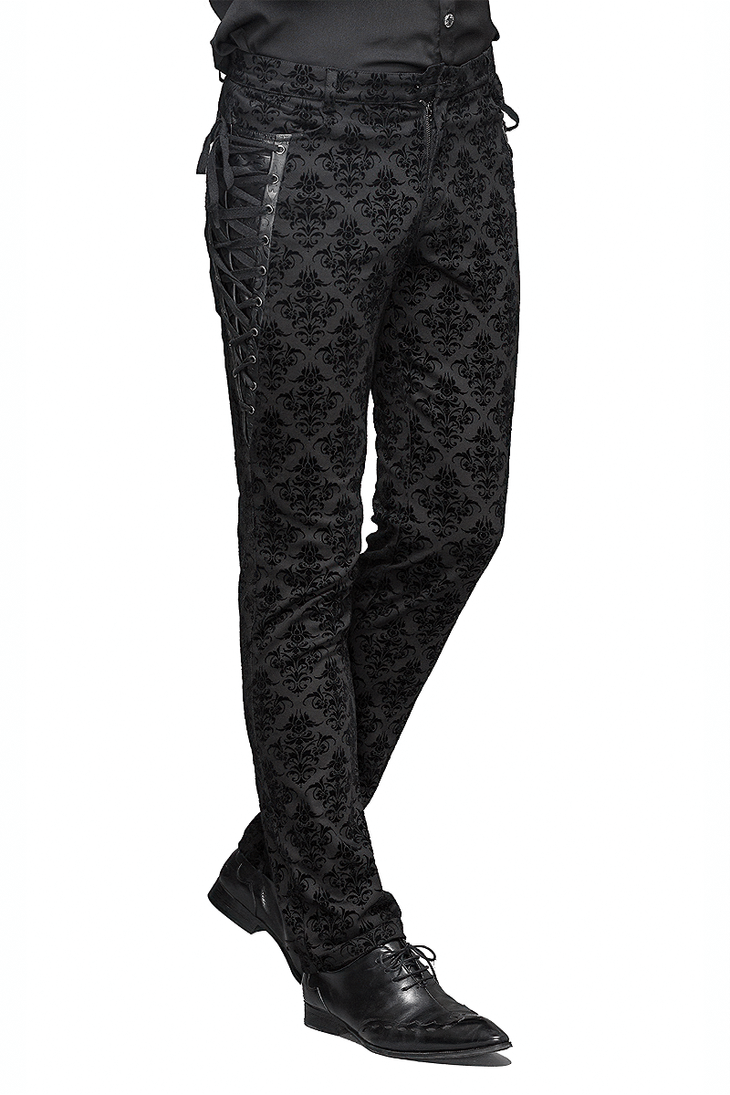 Steampunk Pattern Slim Pants / Gothic Black Pants with Lace up Sides / Casual Straight Trousers - HARD'N'HEAVY