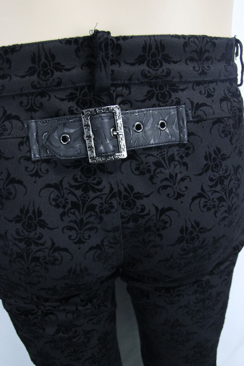 Back view of sleek men's gothic black slim pants featuring a vintage pattern and stylish buckle detail.