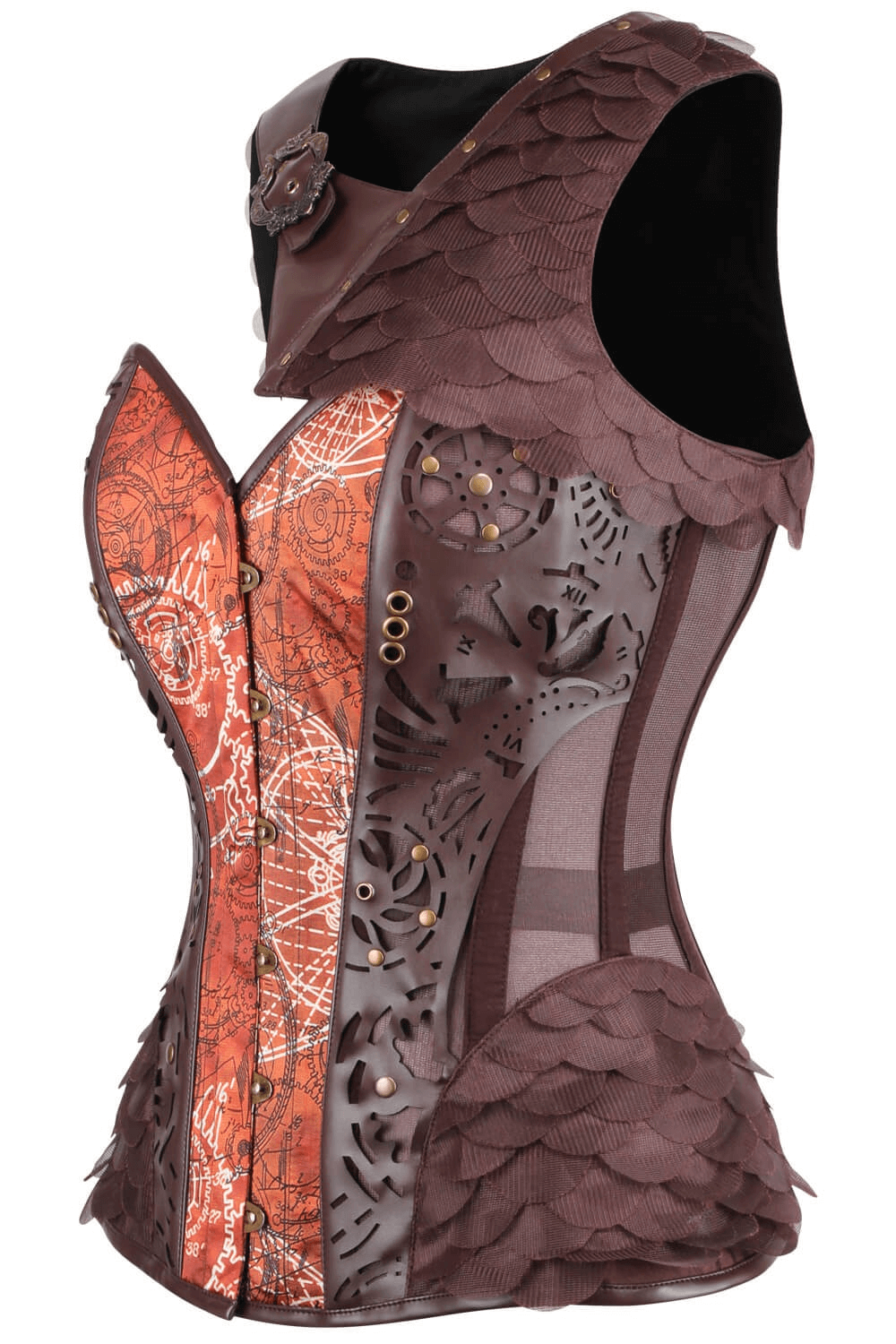 Alt Tag: Steampunk Print Overbust Corset with Scale Shrug, gear-print bustier with steel boning, busk closure, and dramatic scale shrug