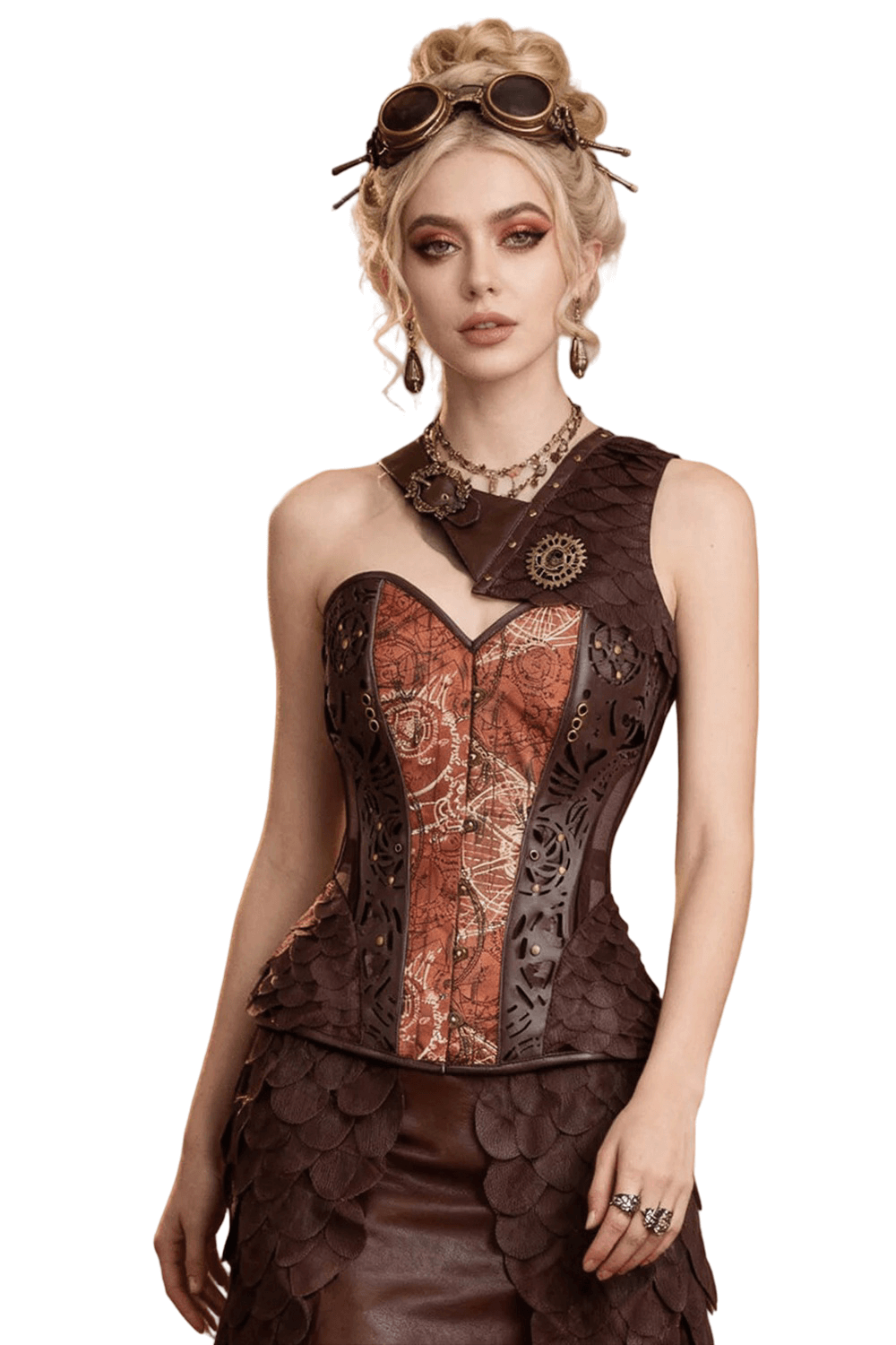 Alt Tag: Steampunk Print Overbust Corset with Scale Shrug on model, gear print bustier with goggles, steel boning and lacing