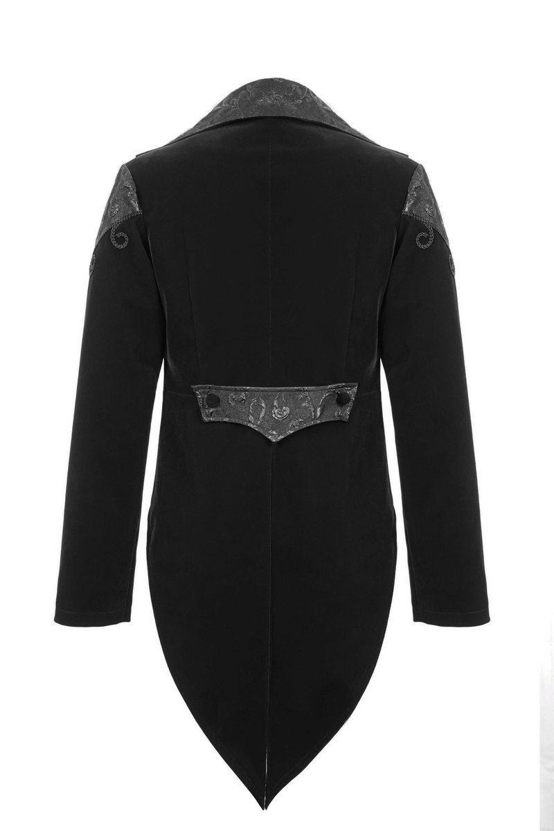 Back view of a vintage black velvet steampunk coat with intricate detailing and pointed hemline.