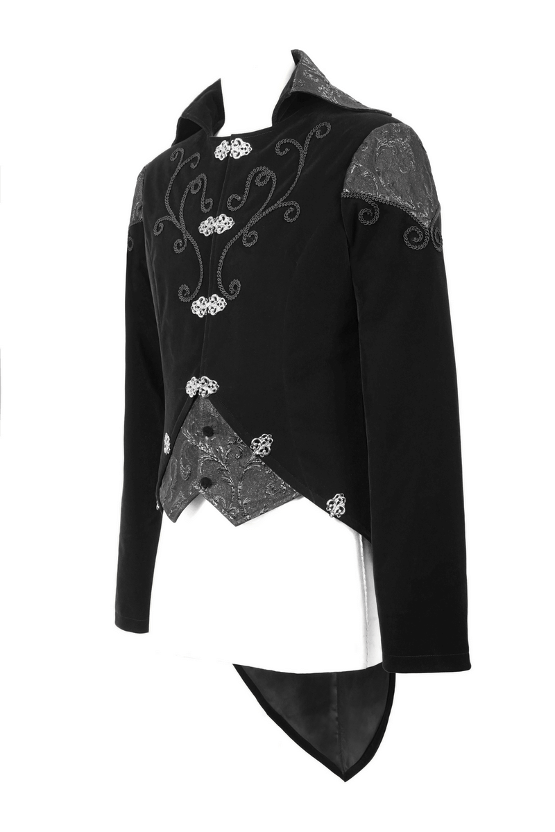 Black velvet steampunk coat featuring silver buttons and intricate patterns, perfect for gothic and vintage outfits.