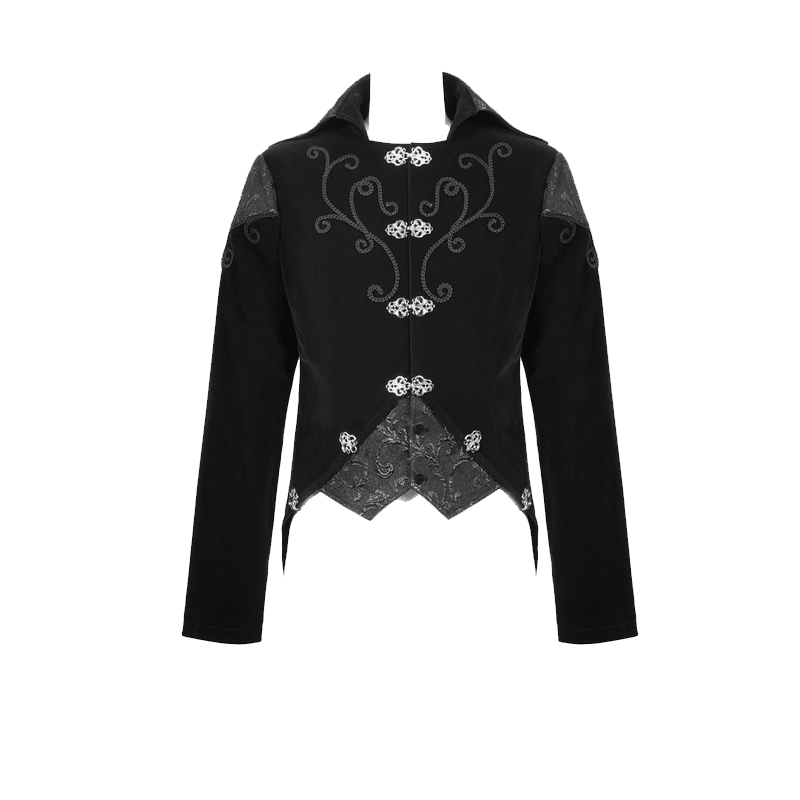 Men's black velvet steampunk coat with intricate designs and silver buttons, perfect for gothic fashion.