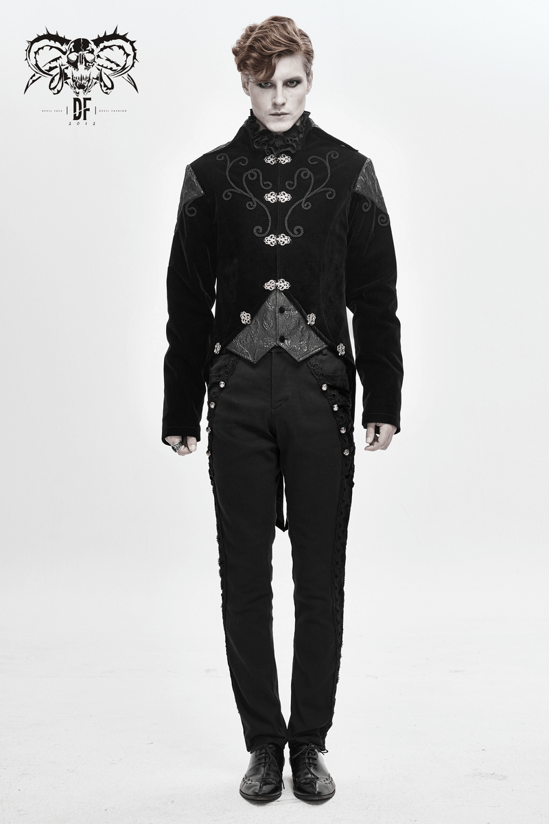 Men's black velvet steampunk coat with silver buttons, perfect for gothic fashion enthusiasts.