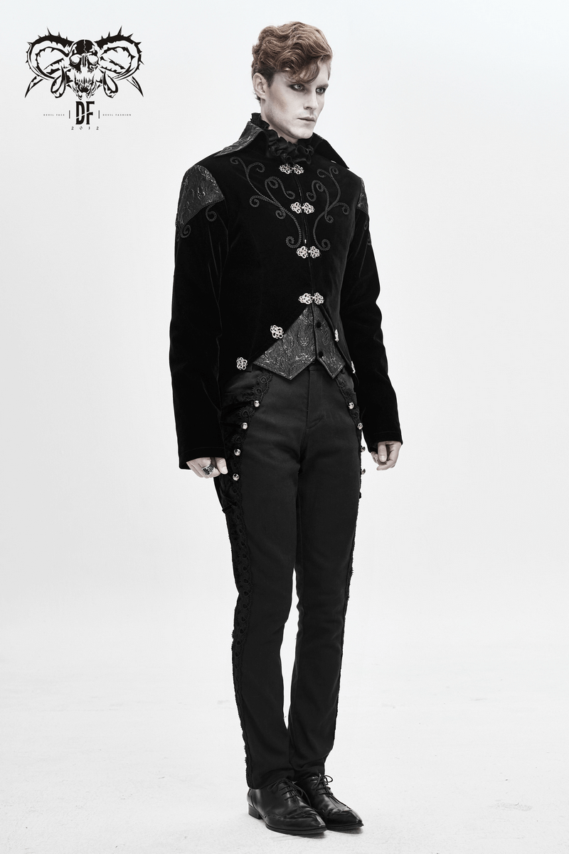 Stylish man in a vintage black velvet steampunk coat with decorative silver buttons, perfect for gothic fashion.