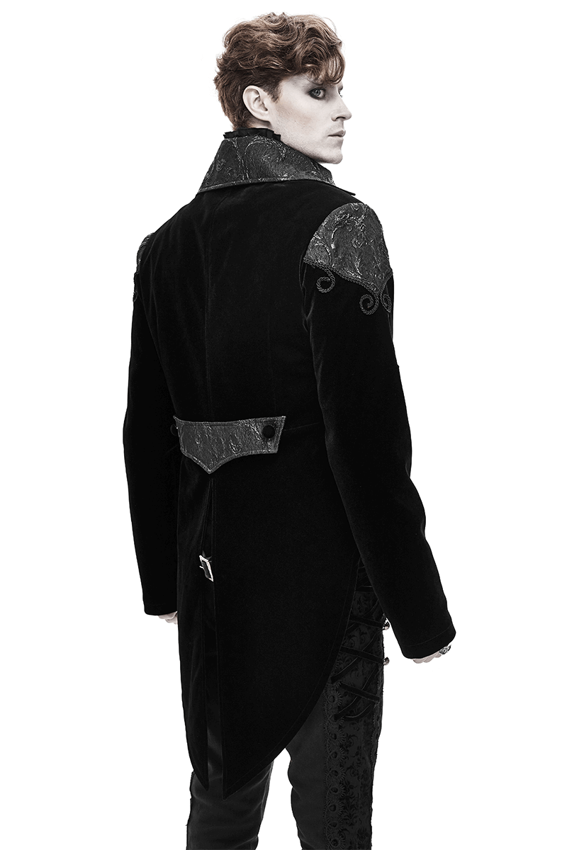 Stylish black velvet steampunk coat with intricate detailing, perfect for gothic attire and vintage looks.