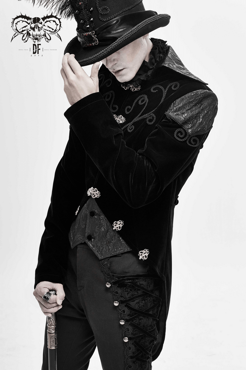 Stylish man in a steampunk black velvet coat with silver buttons and a fashionable top hat.