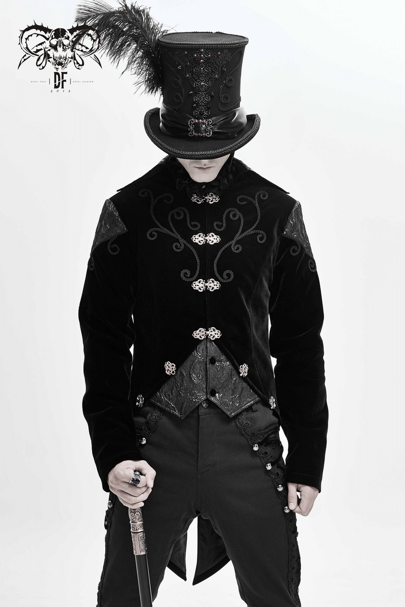 Men's black velvet steampunk coat with silver buttons and top hat for gothic fashion.