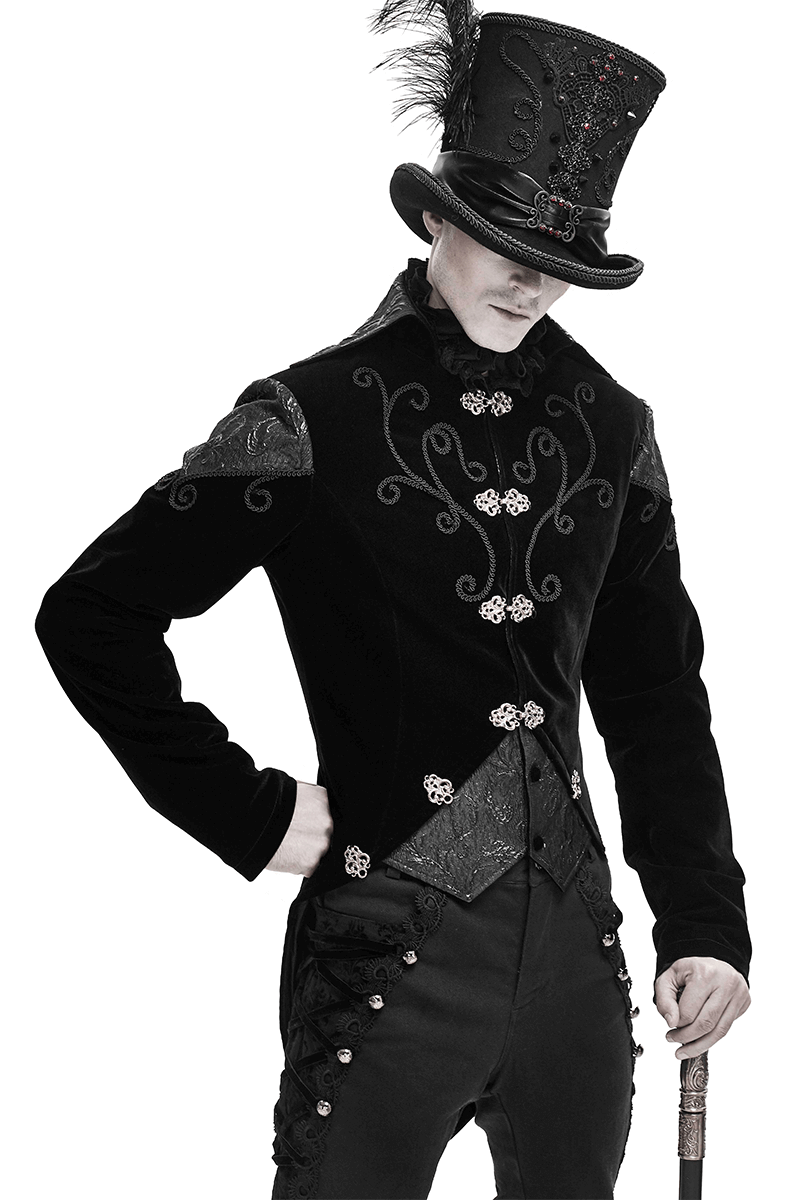 Men's black velvet steampunk coat with decorative buttons and feathered top hat, perfect for gothic fashion.