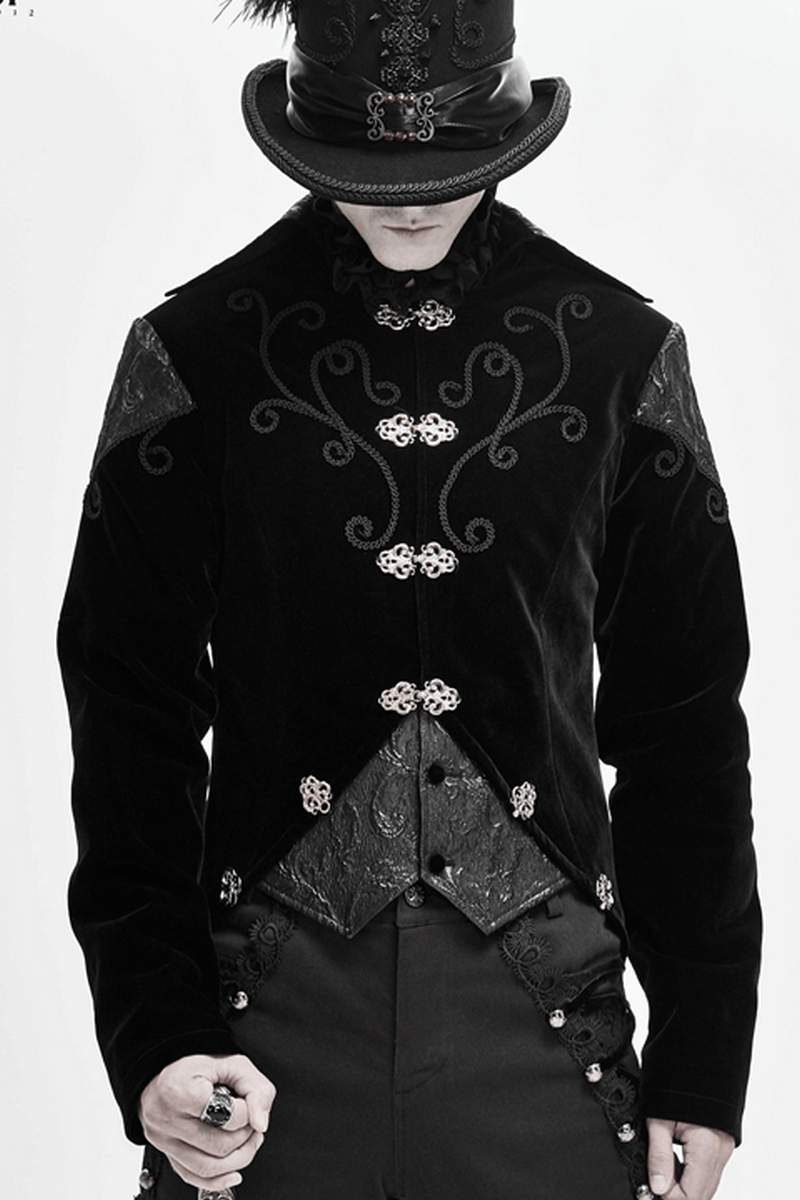 Steampunk black velvet coat for men with silver buttons and ornate design, perfect for gothic fashion enthusiasts.