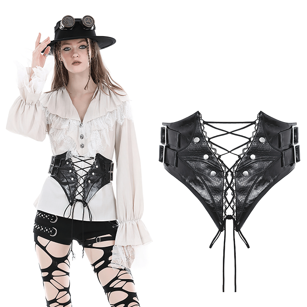 Gothic punk women wearing a black PU leather lace-up corset belt and stylish steampunk outfit.