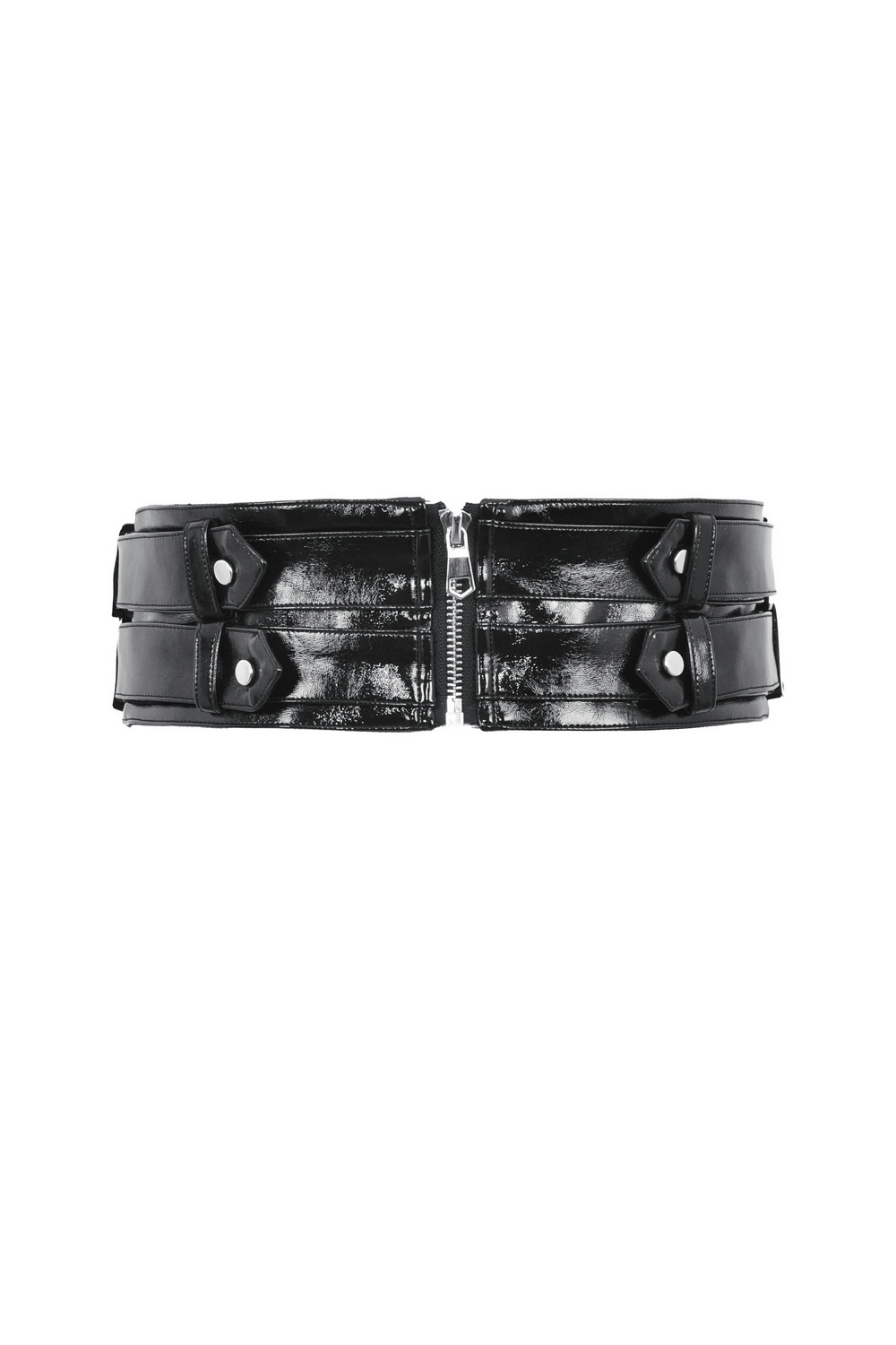 Steampunk black PU leather lace-up corset belt showing grommet detailing and edgy design.