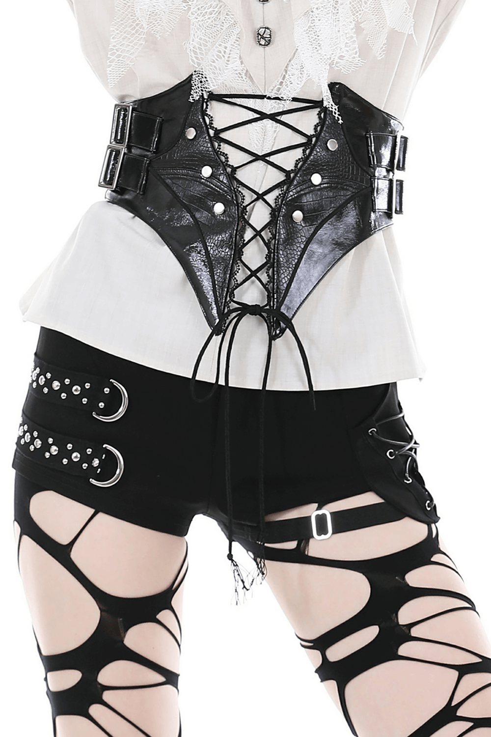Steampunk PU leather lace-up corset belt for women with edgy grommet detailing and a gothic punk vibe.