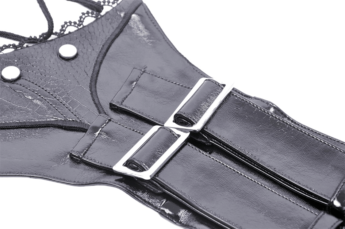 Close-up of black PU leather lace-up corset belt featuring buckles and grommet detailing, ideal for gothic and punk styles.