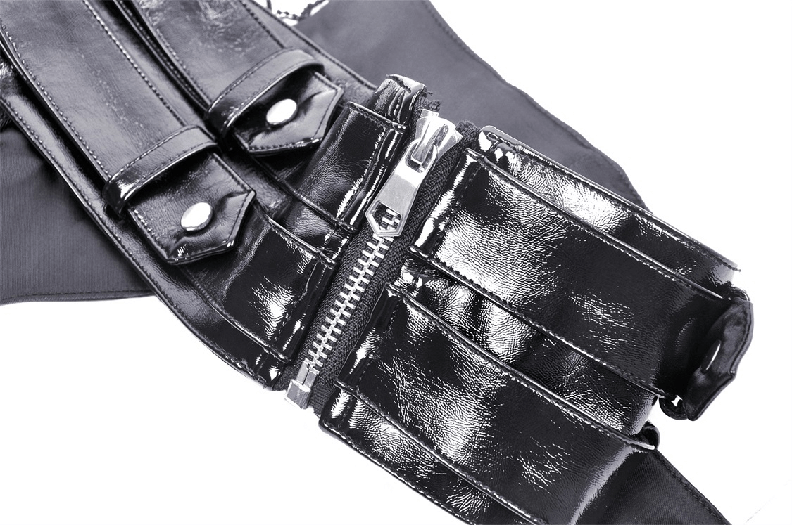 Close-up of a black PU leather lace-up corset belt showcasing shiny straps and silver zipper details.