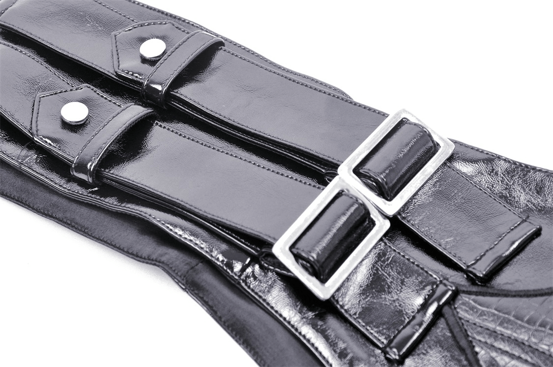 Close-up of a steampunk PU leather corset belt showcasing buckle and grommet details, perfect for goth and punk fashion.