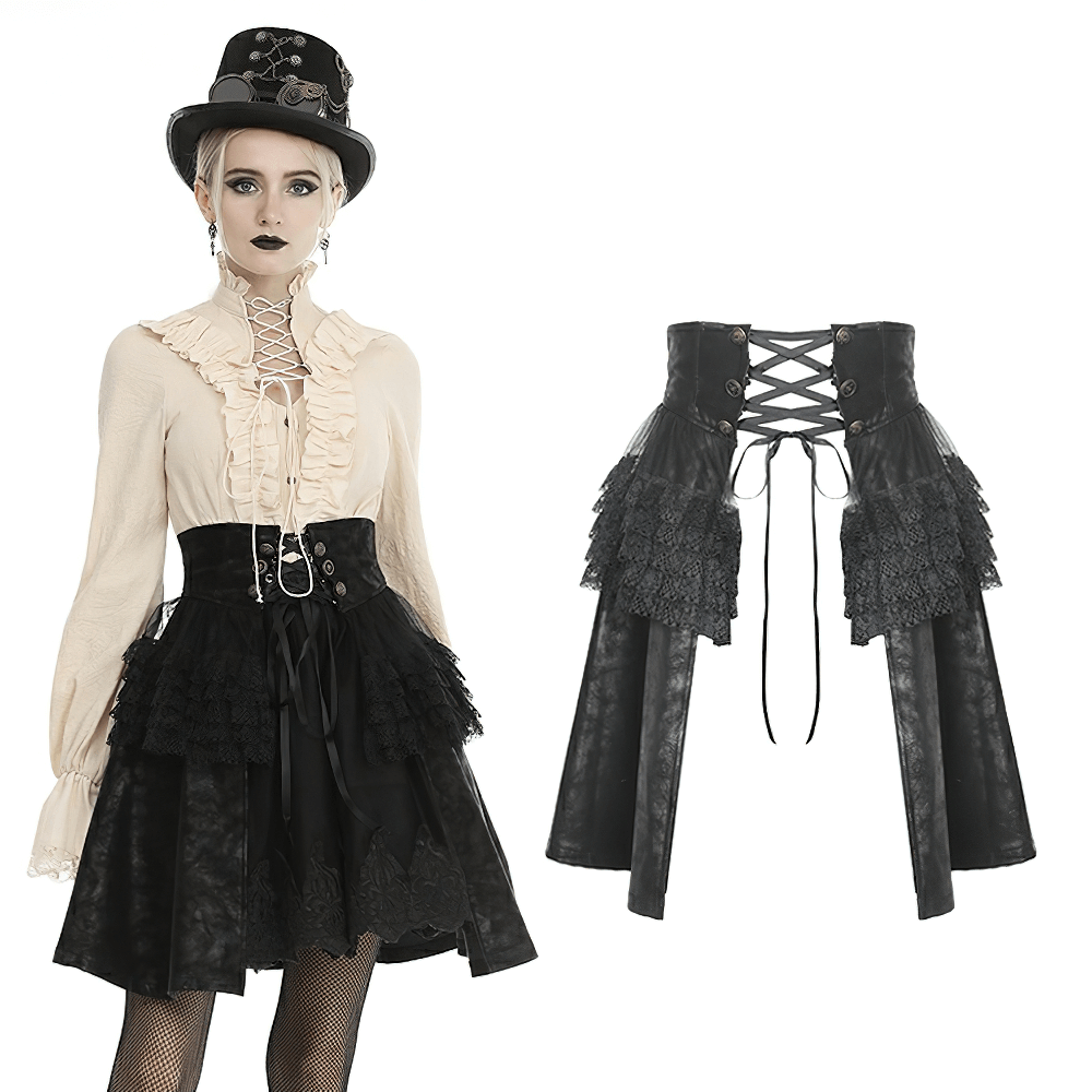 Steampunk PU leather skirt with lace and corset lacing, styled with a dark Victorian vibe outfit.