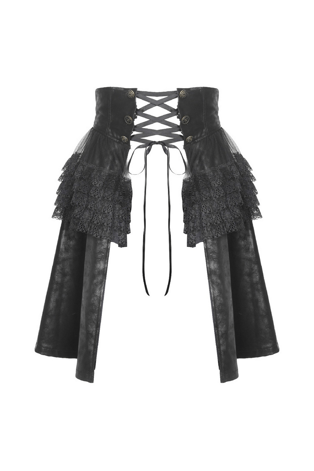 Steampunk PU leather skirt with lace ruffles and corset lacing for a dark Victorian vibe.