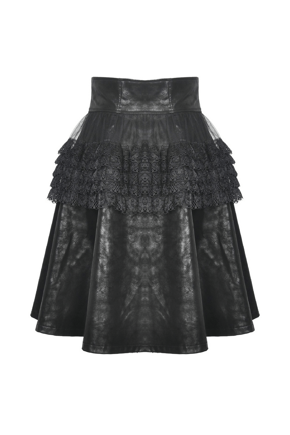Steampunk black PU leather skirt with lace overlay and corset lacing, perfect for dark Victorian vibes.