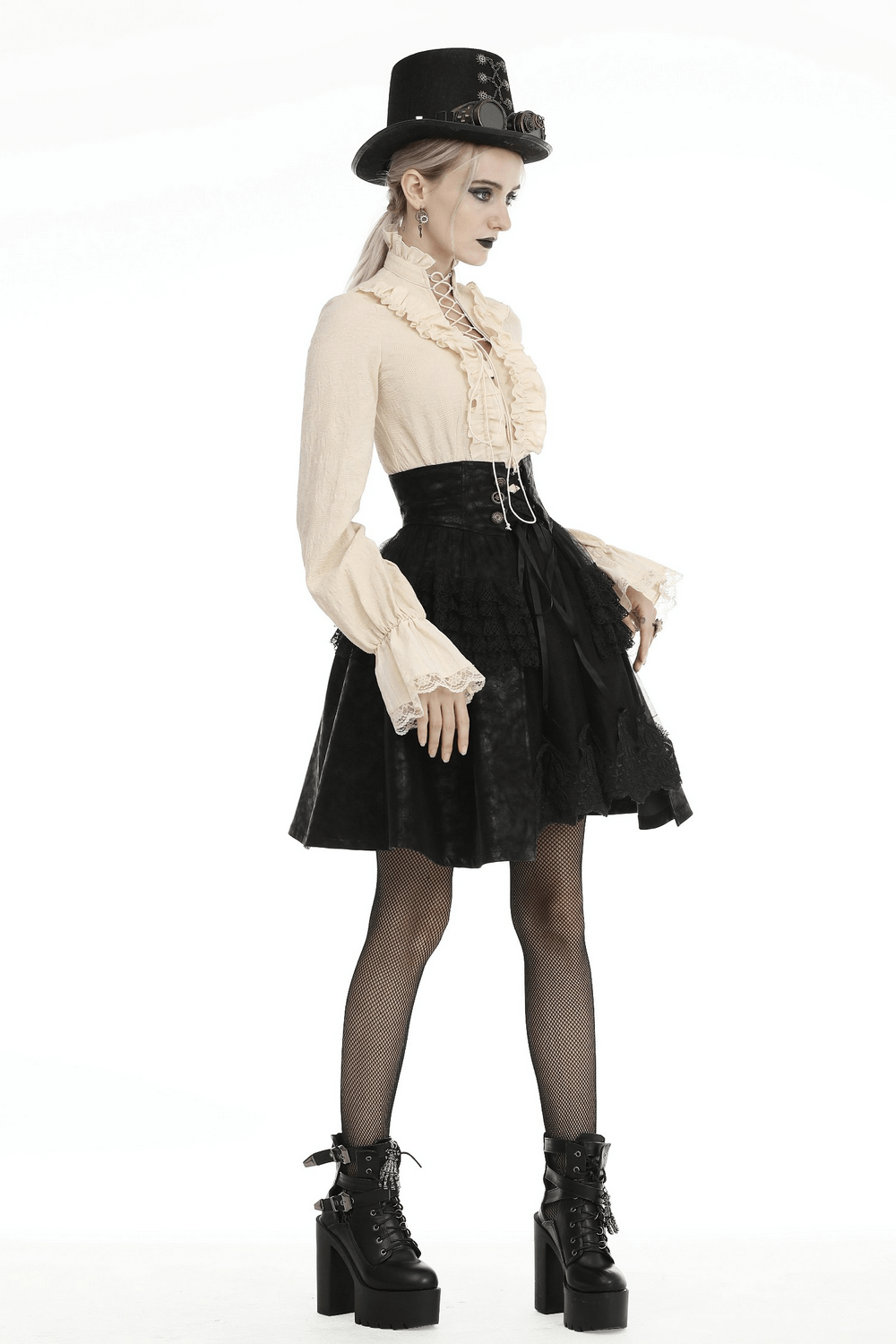 Steampunk PU Leather Skirt with Lace and Corset Lacing