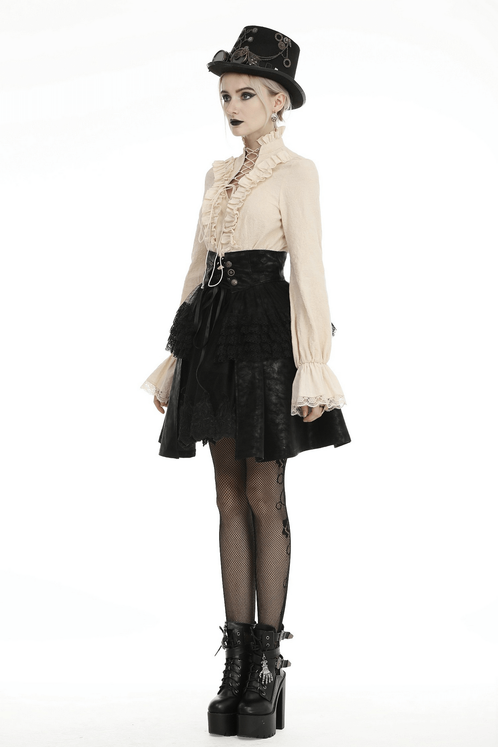 Steampunk outfit featuring a ruffled blouse, black lace skirt, and top hat for a dark Victorian look.