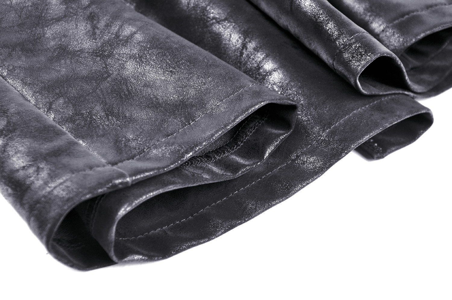 Close-up of the luxurious PU leather detailing on a steampunk-inspired skirt.