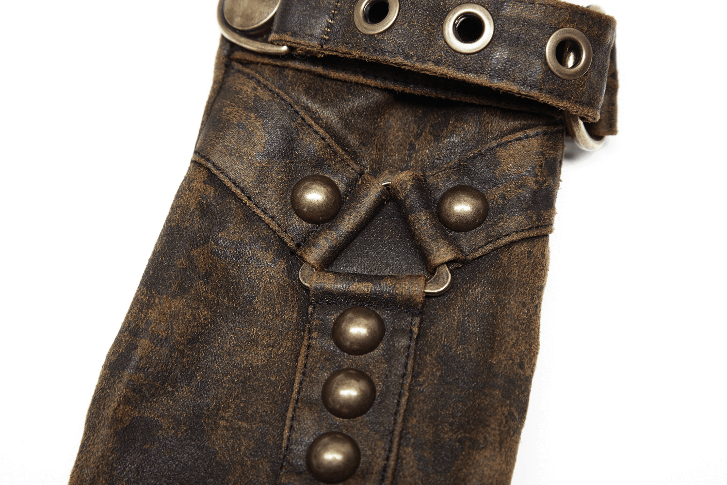 Steampunk PU zip cuff glove detail showcasing distressed leather, metal buckles, and gear accents for an industrial chic look.
