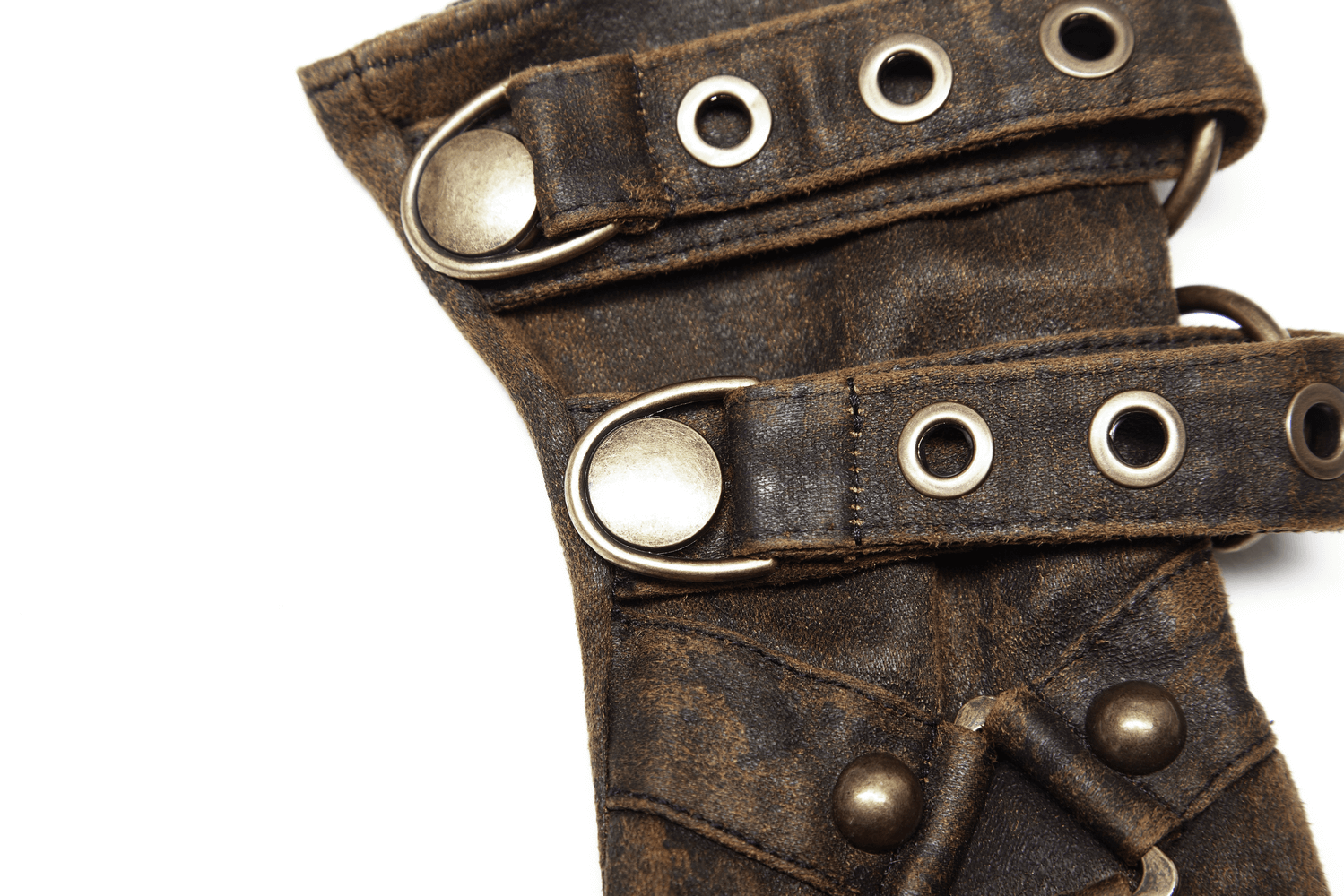 Close-up of steampunk PU zip cuff gloves featuring gear accents and metal buckles for a rugged, industrial look.