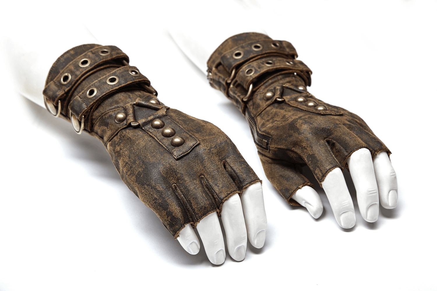 Steampunk PU zip cuff gloves with gears, buckles, and distressed faux leather for a rugged, adventurous look.