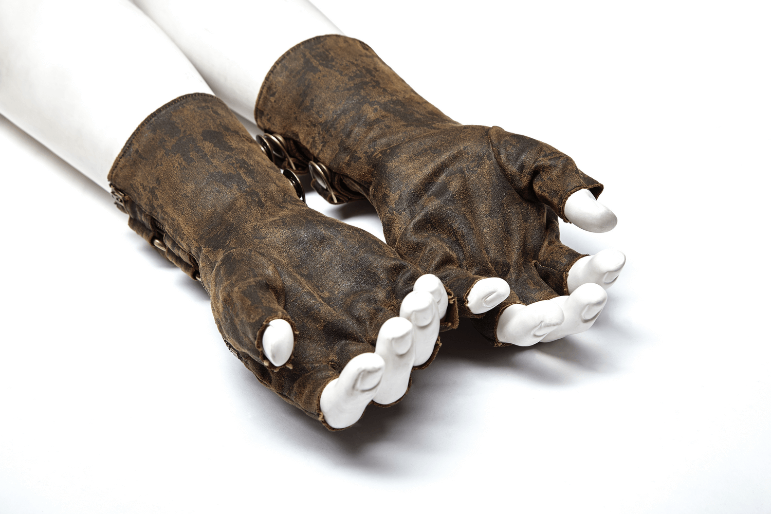 Steampunk PU zip cuff gloves showcasing gears and buckles, perfect for an industrial chic look.
