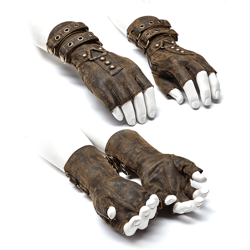 Steampunk PU zip cuff gloves with gears, buckles and rugged design for a futuristic look, perfect for adventure.