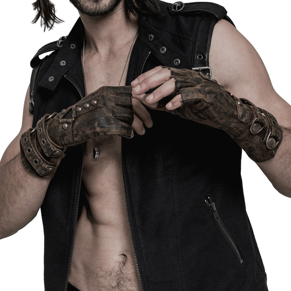 Steampunk PU zip cuff gloves with gears and buckles on a model showcases industrial chic style.