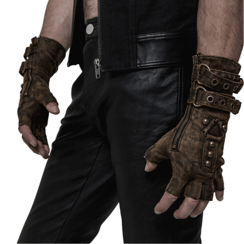 Steampunk PU zip cuff gloves featuring gears and buckles, worn by a model in a stylish outfit.