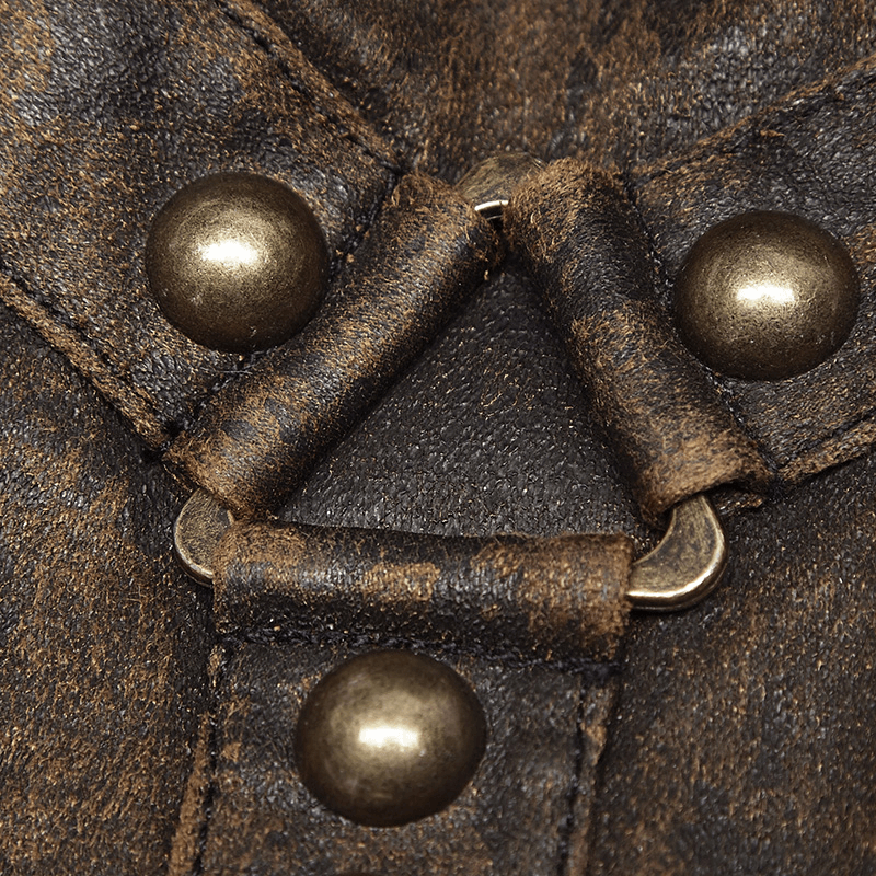 Close-up of steampunk glove cuff details with metal buckles and distressed faux leather texture.