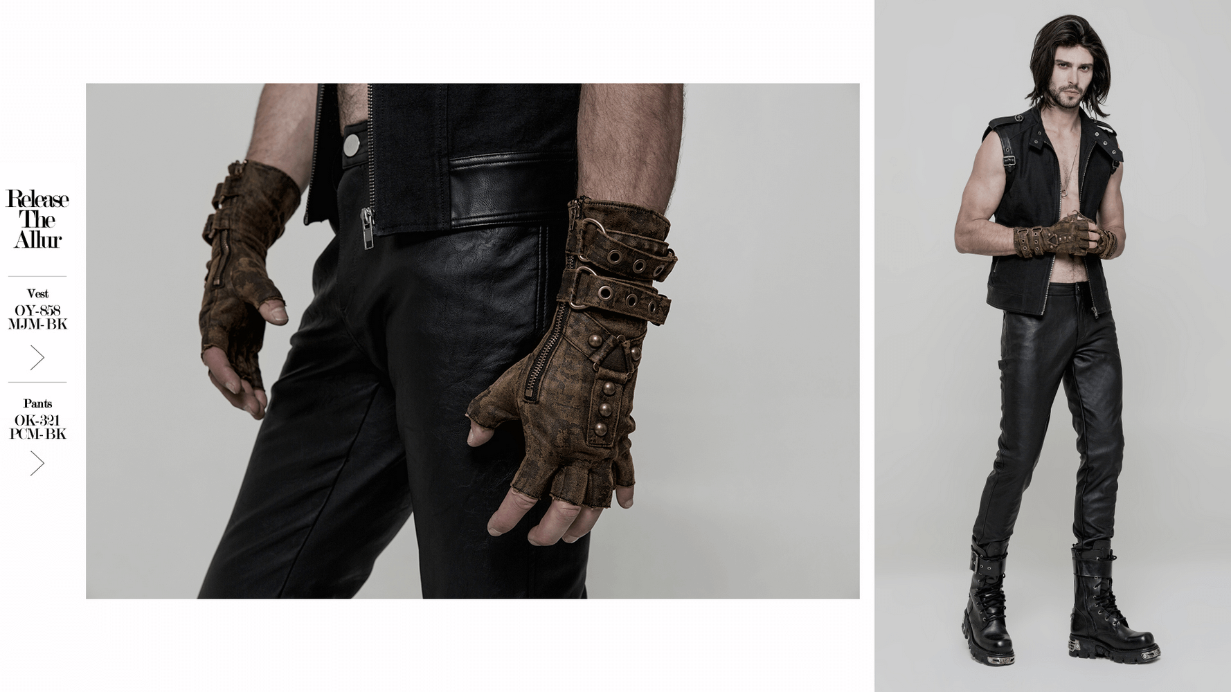 Steampunk PU zip cuff gloves with gears and buckles, showcasing a rugged post-apocalyptic style.
