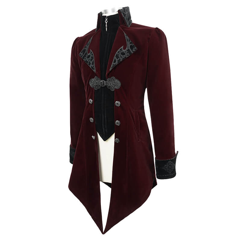 Stylish men's burgundy velvet steampunk coat with vintage buttons and gothic details.