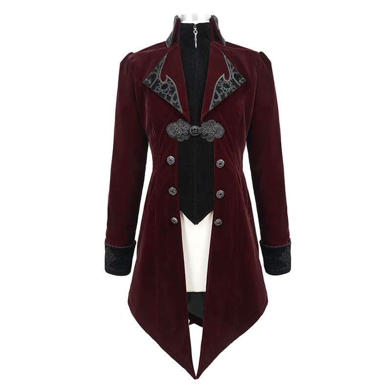 Steampunk male burgundy velvet coat with retro buttons and gothic design, perfect for Renaissance costume events.