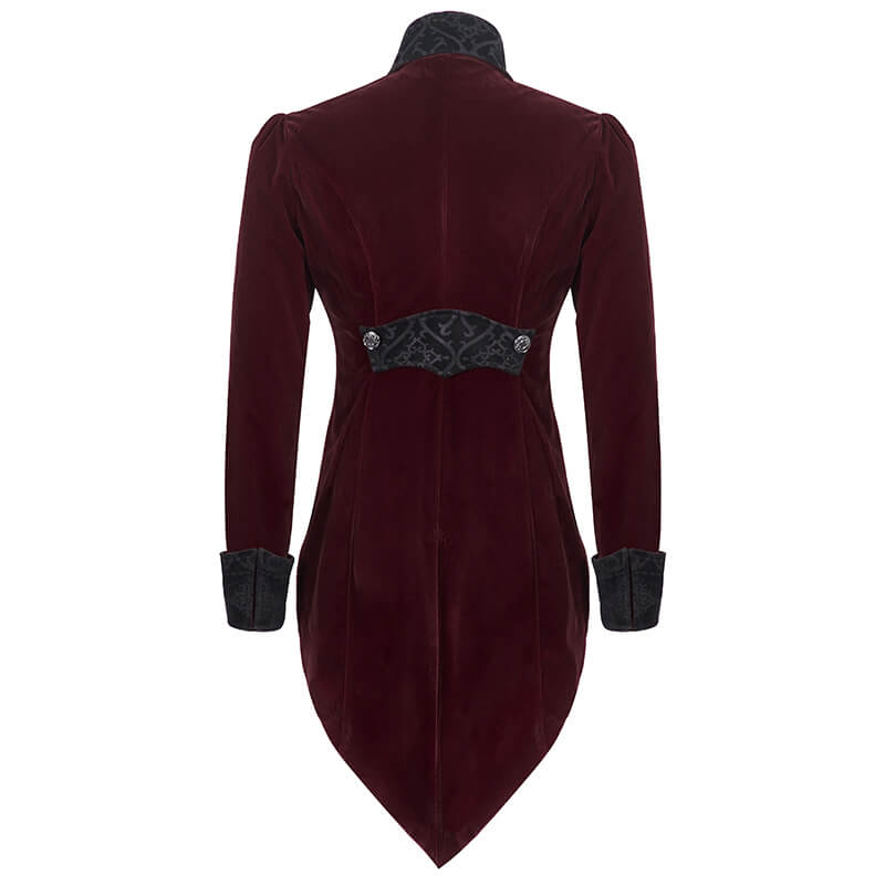Back view of a steampunk male burgundy velvet coat featuring stylish retro buttons and a gothic design.